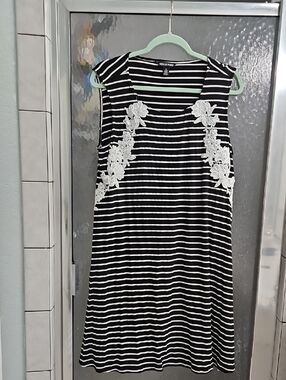 Nina Leonard Black & White Striped Dress with Accent